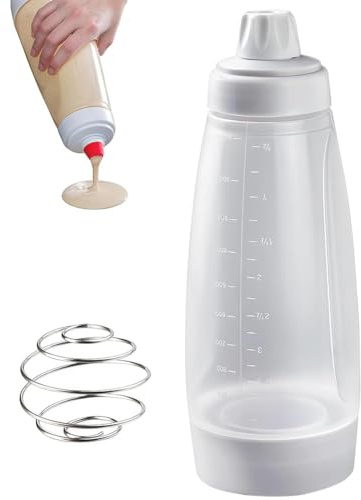 Pancake Batter Dispenser,Hand Mix Dispenser,Batter Mixer Bottle with Wire Whisk,Kitchen Batter Squeezer Bottle with Graduated Lines and Sturdy Base for Cupcakes,Crepes,Muffins,Pancakes