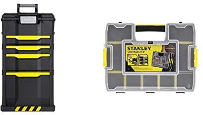 Stanley Rollende Werkstatt aus Metall-Kunststoff 1-79-206 – Werkzeugwagen leer mit 3 modularen Einheiten & Organizer SortMaster Junior Werkzeugbox leer 1-97-483