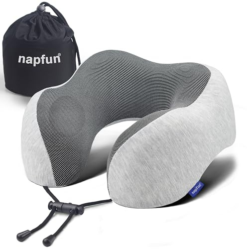 napfun Neck Pillow for Traveling, Upgraded Travel Neck Pillow for Airplane 100% Pure Memory Foam Travel Pillow for Flight Headrest Sleep, Portable Plane Accessories, Light Grey