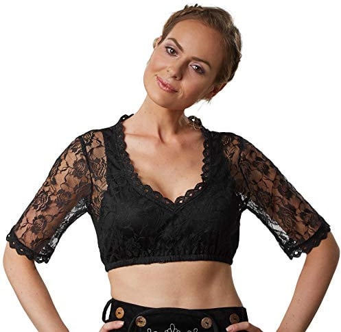 dressforfun 900597 Dirndl-blus, halvlånga ärmar, blommigt spetsmönster, svart, oktoberfest festival – olika storlekar (M| Nr. 303086)