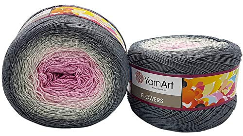 YarnArt Flowers 500 Gramm Bobbel Wolle Farbverlauf, 55% Baumwolle, Bobble Strickwolle Mehrfarbig (grau weiß rosa 293)