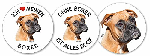 AdriLeo - Runde Aufkleber 3er-Set - Brauner Boxer - Deko Autoaufkleber Sticker Hund