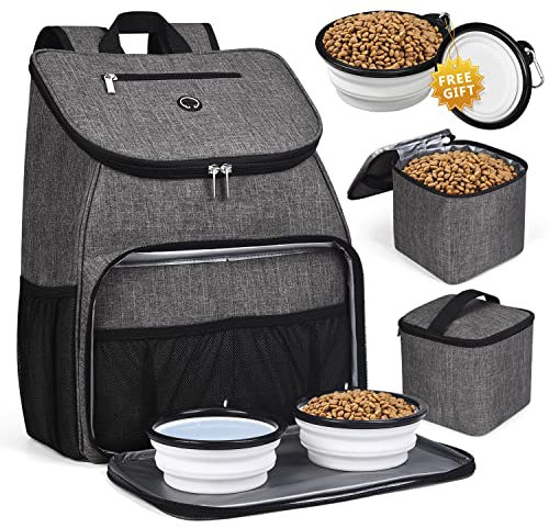 BAGLHER丨Dog Travel Bag, Airline Approved Pet Supplies Backpack, Dog Travel Backpack Accessories Set with 2 Silicone Collapsible Bowls and 2 Food Baskets, Gray