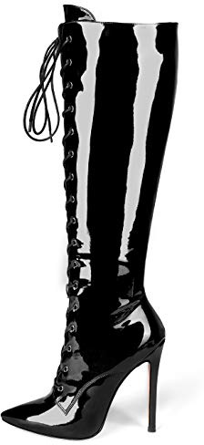 EDEFS Stivali con Tacco Alto Donna,Stivali Alti Donna Tacco a Spillo 12CM,Donna Stivaletti al Ginocchio,Varnish Black EU45