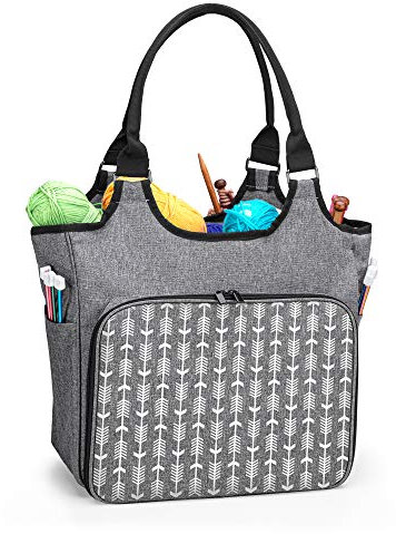 Yarwo Stricktasche zur Aufbewahrung von Wolle, Tasche für Wolle, Aufbewahrungstasche für Häkelnadeln Sets und Stricken Zubehör, Grau mit Pfeilmuster(PATENT ANGEMELDET)