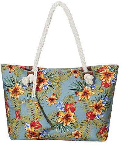 DonDon Strandtasche XXL mit Reißverschluss - Umhängetasche Damen, Shopper Tasche Damen im Beach Look mit Schulterriemen - Urlaub Must Haves Beach bag - Tropical Vintage