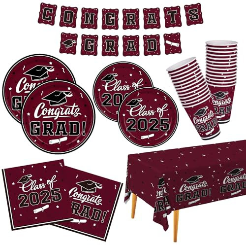 Juego de vajilla para fiesta de graduación 2025, color granate, platos de papel desechables, servilletas, vasos, mantel, pancarta para felicitaciones, decoraciones de fiesta de graduación, sirve 25