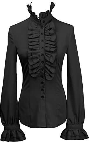 YILEEGOO Women Vintage Victorian Button Down Shirts Stand Collar Frilly Ruffle Gothic Blouses Retro Flared Sleeve Tops (Black, L)