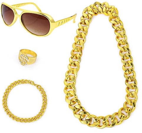 Hip Hop Kostüm Set 80er 90er Kostüme Outfits Dollar Kette Set Halsketten Herren Gefälschte Goldketten Faux Gold Kette Jahre Accessoires Damen Partyzubehör Hippie Trendige Afrikanische Sonnenbrillen