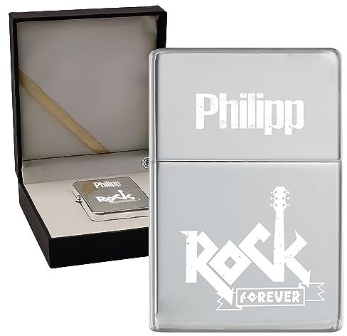 KDO MAGIC - Feuerzeug personalisiert - Eingravierter Vorname - Farbe Grau - Geschenkidee für Herren, Geburtstag, Vatertag (Motiv: Rock)