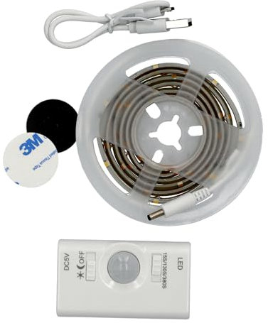 JANDEI - 1 Meter LED-Lichtleiste 5V, Bewegungssensor, wiederaufladbarer USB-Akku, flexibel und selbstklebend. Ideale Nachtbeleuchtung für Schränke, Schubladen, Möbel, Küche, Treppen (warmes Licht)