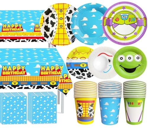 Cartoon Story Party Decorations 133pcs Paper Plates Napkins Cups Tablecloth and Banner for Boys Girls Birthday Party Supplies Decorations,Serve 30 Guest
