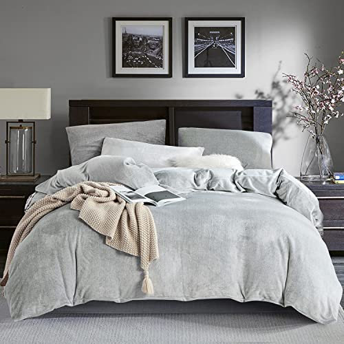 Boqingzhu Flanell Winter Bettwäsche 135x200cm Plüsch Biber Grau Warm Kuschelig Flauschig Bettwäsche Teddy Fleece Samt Cashmere Touch Bettbezug 135x200cm mit Reißverschluss