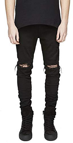Men's Ripped Skinny Stretch Distressed Destroyed Slim Jeans Denim Pants, Black (With Holes), 40