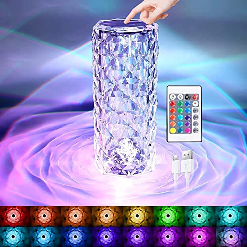 YeahBoom LED Kristall Tischlampe,2000mAh 16 Farben Touching Control Rose Crystal Lampe,Nachttischlampe Touch Dimmbar mit Fernbedienung,RGB Farbwechsel Nachtlicht für Schlafzimmer Wohnzimme
