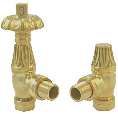 NRG Traditional Antique Angled Central Heating Radiator Valve 15mm Thermostatic Lockshield Valves Brushed Brass