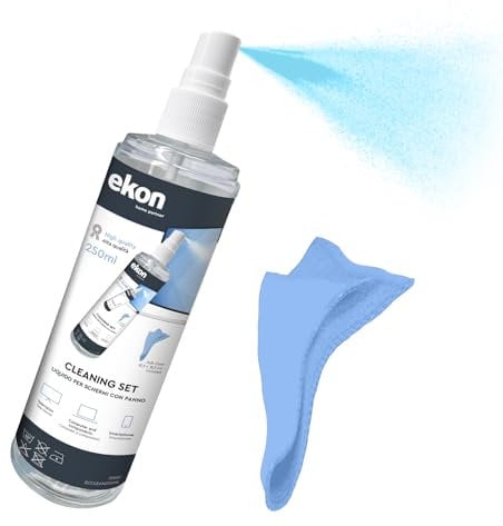 Ekon Spray per Schermi Display con Panno in Microfibra, 250ml, Kit Pulizia per Monitor, Laptop, Fotocamere, Videocamere, MacBook, TV, Smart TV, Smartphone, Tablet