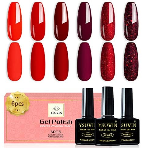 Yueshop Red Gel Nail Polish,6PCS Red Burgundy Red Glitter Nail Polish Set,Red Gel Polish Soak Off UV LED Gel Nail Varnish Manicure Kit For Women Valentines Beauty,8ML