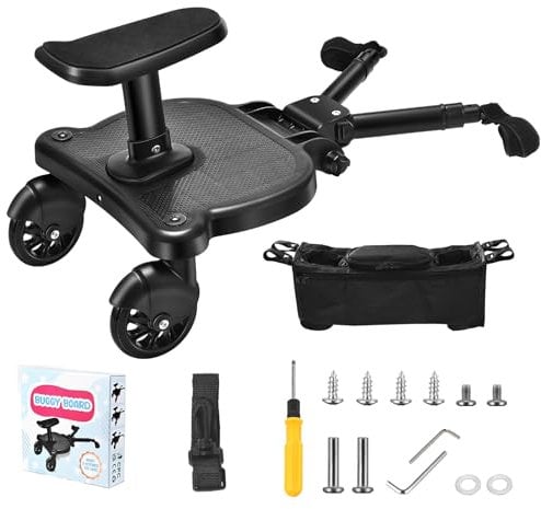 Ongerce Universal Buggy Board with Seat, Kiddy Board with Pram Organiser Bag, Stroller Board, Compatible with Over 99% of Pushchairs, Pram Accessory for Children from 2-6 Years (25 kg) (Black)