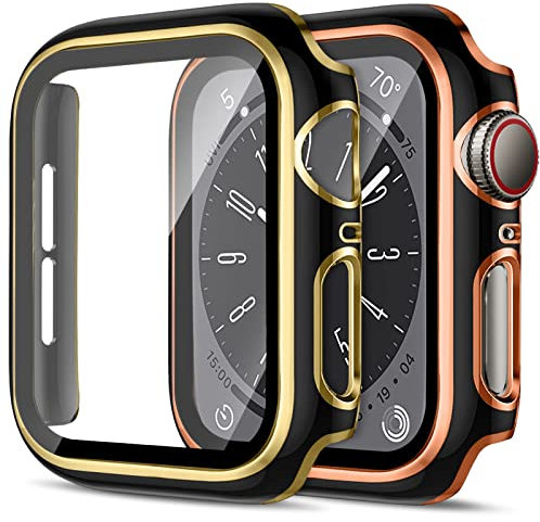 2 Pack Funda para Apple Watch Series 9/Series 8/Serie 7 41mm,Protector Pantalla Cristal Templado Incorporado,HD Protección PC Dura Caja Anti-Choque Caso para iWatch Case,Black&Rosegold/Black&Gold