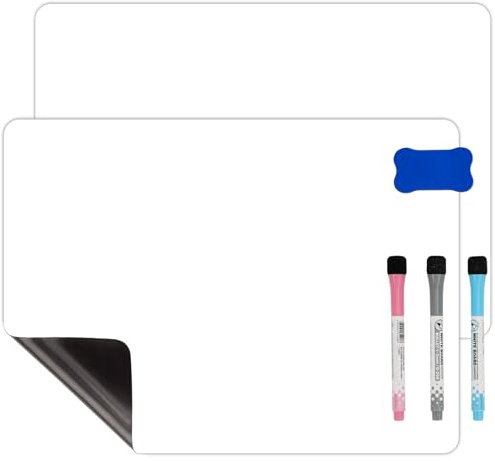 2 pz. lavagna magnetica a secco per frigorifero, A3 lavagna a secco, 3 penne per lavagna bianca (rosso nero blu）1 gomma, lavagna bianca morbida magnetica per la casa, ufficio