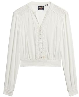Superdry Damen Langärmelige, gesmokte Bluse mit Spitzenbesatz Ecru 40