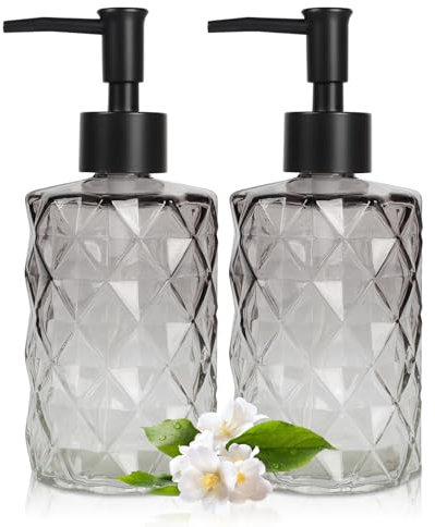 Topsky 2 Pack Glass Soap Dispenser with Plastic Pump, 330ml Liquid Hand Soap Dispenser, Rustproof Pump for Kitchen & Bathroom, Great for Lotions, Essential Oil, Liquid Soaps