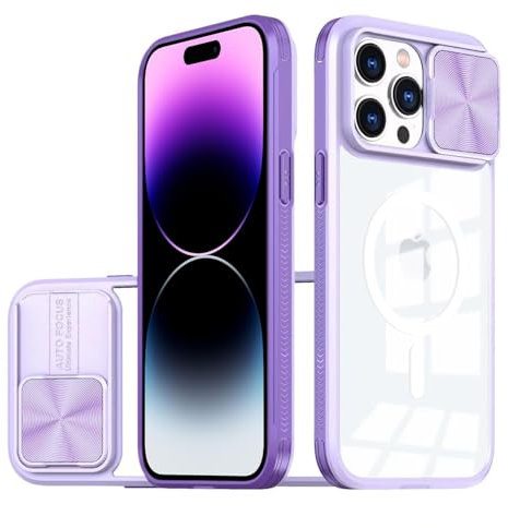 LIUKM Magnétique Coque Compatible avec iPhone 14 Pro, Cache Camera Protection, Étui avec Cache Caméra Coulissante, composé d'un Dos en PC et d'un Cadre en TPU - Violet