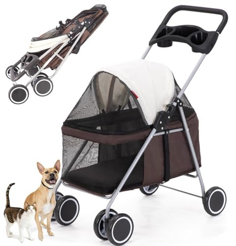RUYICZB Hundewagen Faltbarer Hundebuggy Hundebox Transporttasche Bis 15 Kg Haustier Buggy Mit Netzfenstern & Getränkehalter Haustier Transportwagen Hunde Jogger Buggy Katzen Wagen,Braun