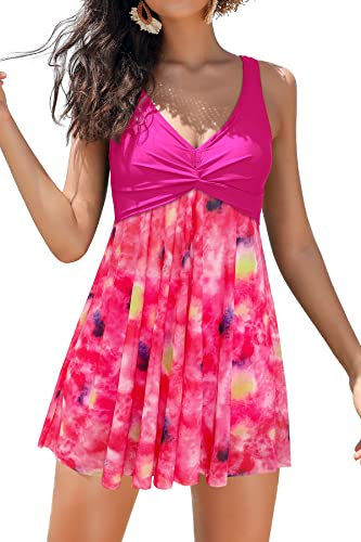 SHEKINI Maillot de bain une pièce pour femme avec col en V - Maille imprimée - Bonnet souple rembourré - Maillot de bain élégant - Contrôle du ventre avec short, rose fluo, S