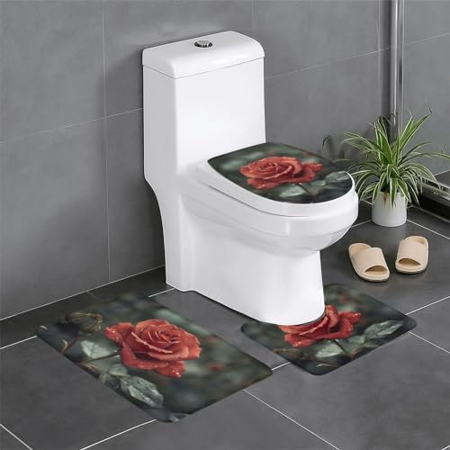 Bedeuu Ensemble de 3 tapis de salle de bain avec tapis de toilette en forme de U Motif rose rouge