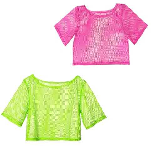 UILYNIU 2 Pack Neon Fishnet Top, Neon Fishnet Off Shoulder T-Shirt, 1980s Punk Neon Netted Tshirt, Women's 80s Costume Accessories for Retro Theme Party, Fancy Dress Events, Club Wear (Green, Pink)
