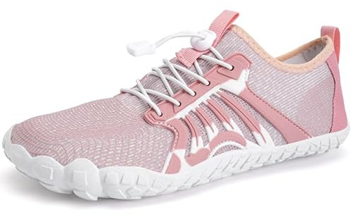 IceUnicorn Barfußschuhe Damen Herren Breite Traillaufschuhe Zehenschuhe Unisex Schwimmschuhe Strandschuhe Aquaschuhe(Pink Weiß, 40EU)