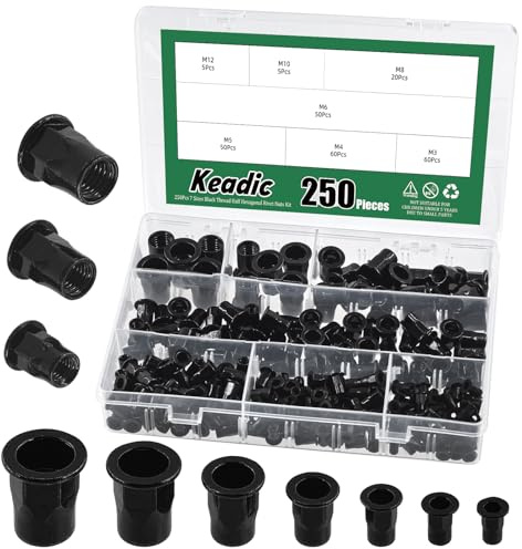 Keadic Set di 250 dadi per rivetti M3 M4 M5 M6 M8 M10 M12, in acciaio al carbonio zincato a testa piatta, inserto filettato, dado filettato, mezzo dado esagonale, dadi di fissaggio per edilizia,