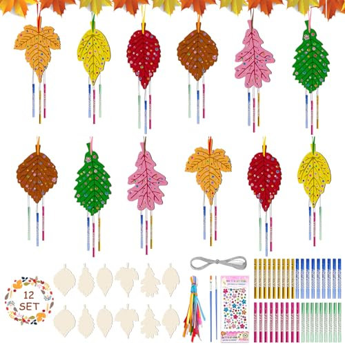 GreenYeah Kit Bricolage Feuille D'érable Carillon à Vent - 12 Pièces Ensemble Artisanat en Bois à Peindre - Jouet DIY Activité Manuelle Déco Suspendue