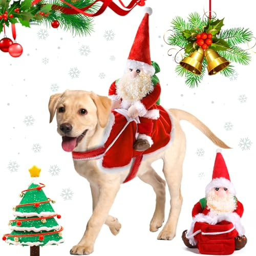 ZZXLOPEZ Hund Weihnachtsmann Kostüm, Hundekostüm Weihnachten, Haustier Weihnachtskostüm für Katze und Hund mit Santa Claus Reiten auf Haustier, Geeignet für Kleine bis Große Hunde (L, Rot)