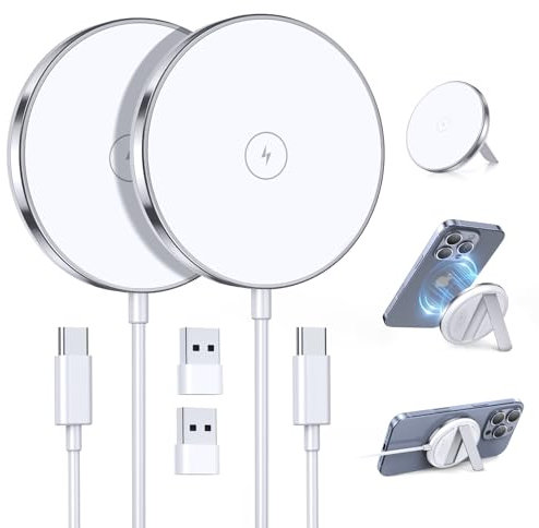 2 Pack Magnetic Wireless Charger 15W Fast Mag-Safe Charger Stand Compatible with iPhone 16/15/14/13/12 Series Wireless Charging Pad for AirPods 3/2/Pro 2/Pro White Portable Mag Safe Kickstand