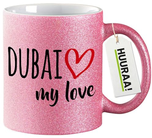 Huuraa Glitzertasse Dubai my love Geschenk | Motivtasse 330ml Glitzer Tasse mit Spruch Pink Keramik Kaffeebecher Geschenkidee Pinker Glitter Becher mit Motiv