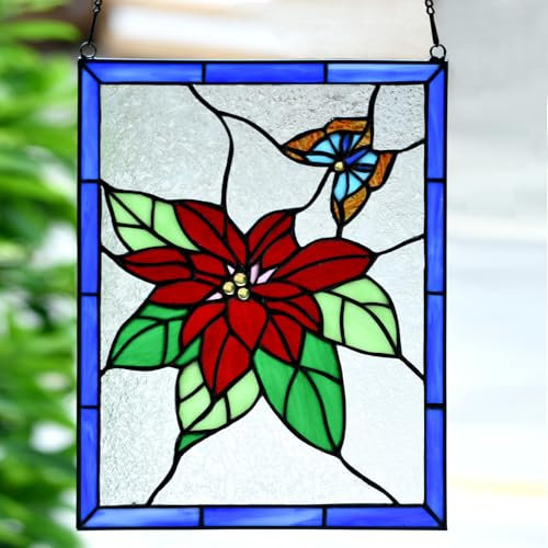 HomeBeauty Buntglas-Hängetafel, 25,4 x 33,25 cm (B x H), Fensterdekoration, Tiffany-Stil, Weihnachtsstern, Blume, Heimdekoration, hängende Dekorationen