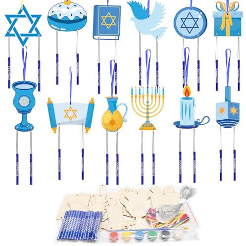HONMOK 12 Stück Chanukka Windspiel Bastelset Kinder Hanukkah Holz Bastelhandwerk Dreidel Menorah Klangspiel Kreativsets zum Bemalen Geschenke für Hanukkah Jüdische Lichterfest Dekoration