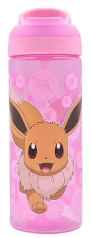 HOX Pokemon Eevee Bouteille d'hydratation réutilisable sans BPA pour enfants avec boucle de transport intégrée, bec verseur rabattable et paille amovible – 600 ml