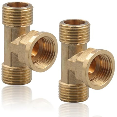 1/2 Zoll T-Stück, 2 Stück Messing T-Stück 1/2 Zoll, 1/2 T-stück 90°, Gewindefitting T-Stücks AGxIGxAG aus Messing, Wasseranschluss Verteiler, 3 Wege T-verbindungsstück für Trinkwasser Geeignet