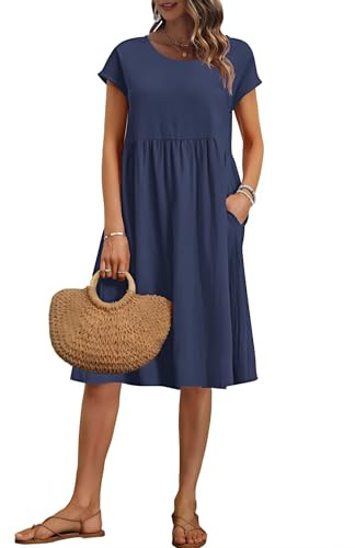 AUSELILY Women's Summer Short Sleeve Knee-Length Dresses Round Neck Loose Dress with Pockets Navy Blue S