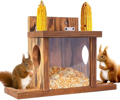 MEETOZ Mangeoire en bois carbonisé pour écureuil pour extérieur, maison d'écureuil, tamias pour maïs, cacahuètes (marron)