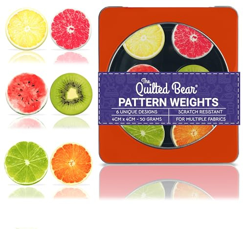The Quilted Bear Fabric & Paper Pattern Weight Set, Funky Fruit | 6 Unique Designs with Storage Box, Pin-Free Pattern Cutting, Fabric Safe, Scratch Resistant, 4cm, 50g, for Sewing & Quilting