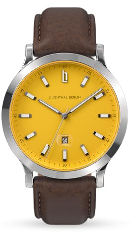 Lilienthal Berlin Herrenuhr Huxley II in Canary Yellow – Armbanduhr am dunkelbraunen Leder-Armband – aus 316L Chirurgenstahl mit einem Quarzuhrwerk & saphirgehärtetem Mineralglas – 40 mm