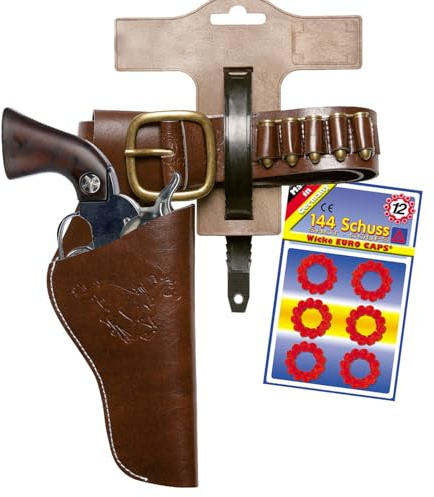 Cowboy Gürtel verstellbar aus Kunstleder & Metall mit Western-Pistole 25 cm lang inkl. 144 Schuss-Munition Kostüm-Zubehör Fasching Karneval (Pistole mit Gürtel Pferde-Motiv Braun)
