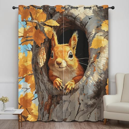 DlaQoryx Eichhörnchen Vorhangverdunkelung, Ahornblatt Vorhänge Wohnzimmer Schlafzimmer Gardinen Mit ösen Thermovorhang Kälteschutz, H 220 x B 140 cm 2er Set