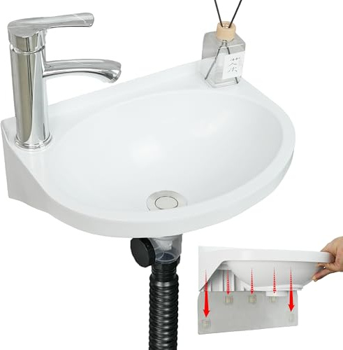 Lavello da bagno piccolo da parete, installazione senza trapano, autoadesivo, 30 x 28 cm, con foro per rubinetto da 3,2 cm, mini lavello in plastica per casa, dormitorio, garage