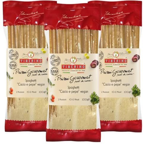 TIBERINO 1888 Spaghetti Cacio e Pepe Vegan – Pasta Italiana di Semola di Grano Duro, Ricetta Tradizionale Romana, Senza Derivati Animali, Pronti da Cuocere